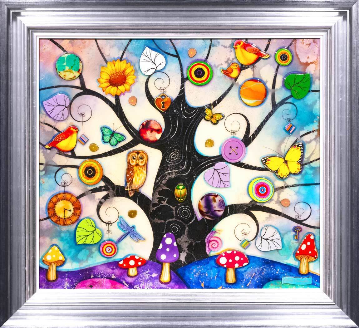 Blue Tree of Charms Framed Mixed Media Print by Artist Kerry Darlington