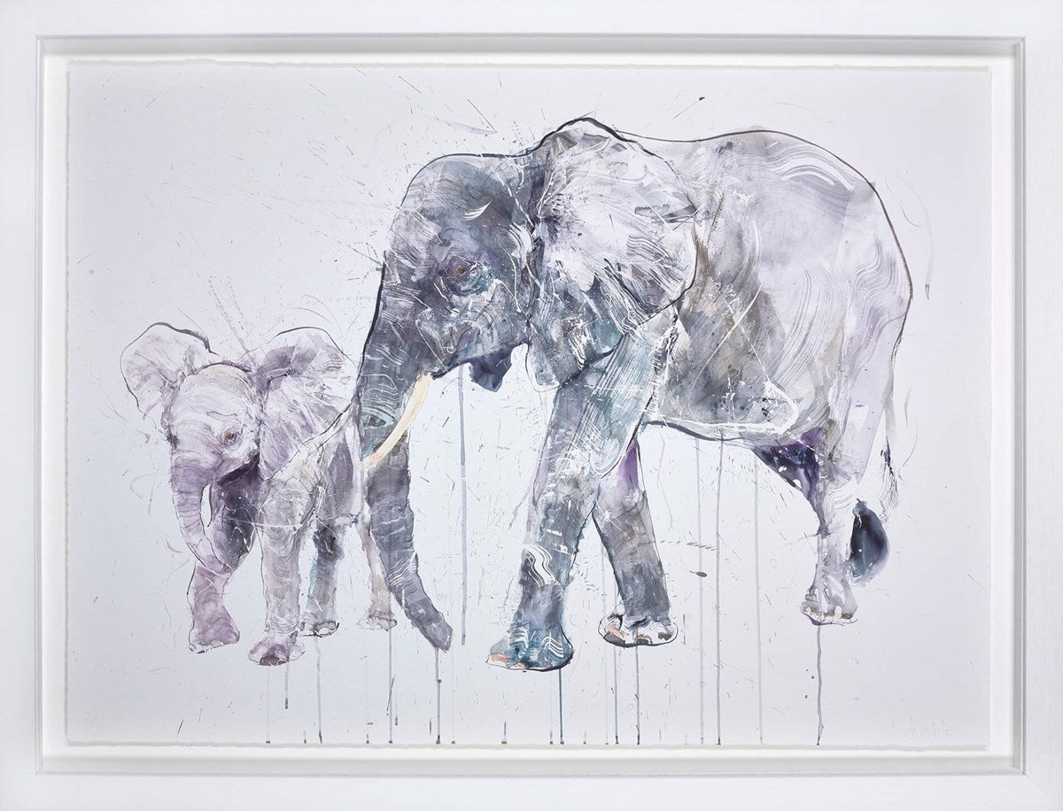 Elephant and Calf Framed Signed Limited Edition Print on Paper by Artist Dave White