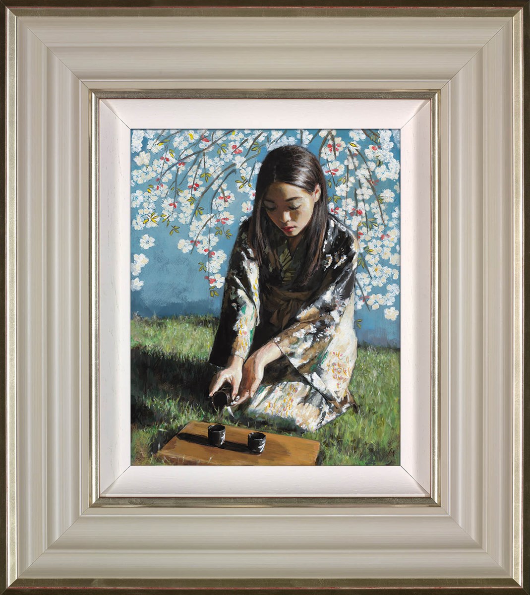 Geisha With White Flowers I Framed Canvas on Board by Artist Fabian Perez