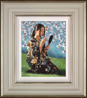 Geisha With White Flowers II Framed Canvas on Board by Artist Fabian Perez