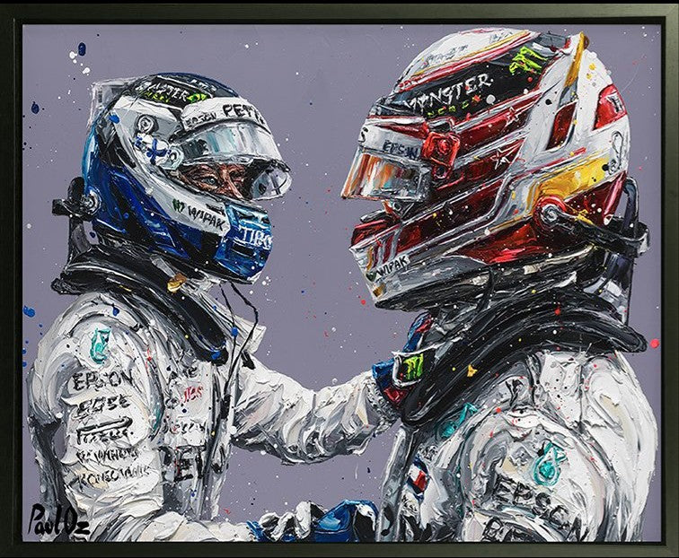 Hamilton and Bottas 18 Framed Limited Edition Embellished Print on Canvas by Artist Paul Oz