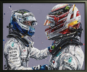 Hamilton and Bottas 18 Framed Limited Edition Embellished Print on Canvas by Artist Paul Oz