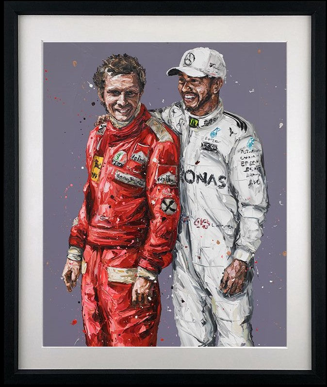 Lauda and Hamilton Framed Signed Limited Edition Print on Paper by Artist Paul Oz