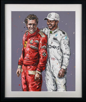 Lauda and Hamilton Framed Signed Limited Edition Print on Paper by Artist Paul Oz