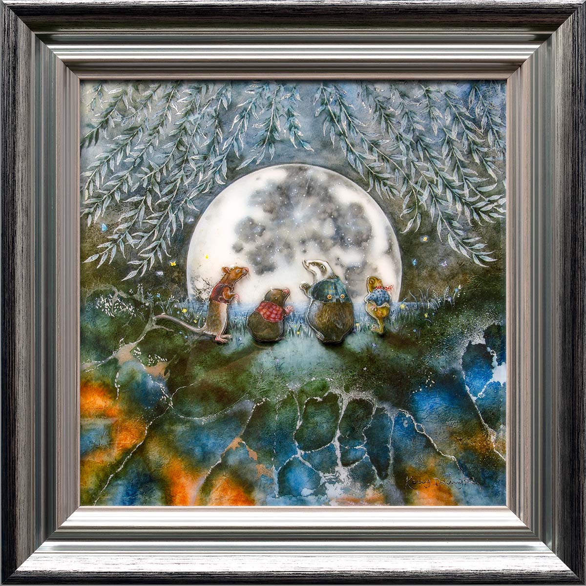 Moongazing In The Willows Framed Mixed Media Print by Artist Kerry Darlington