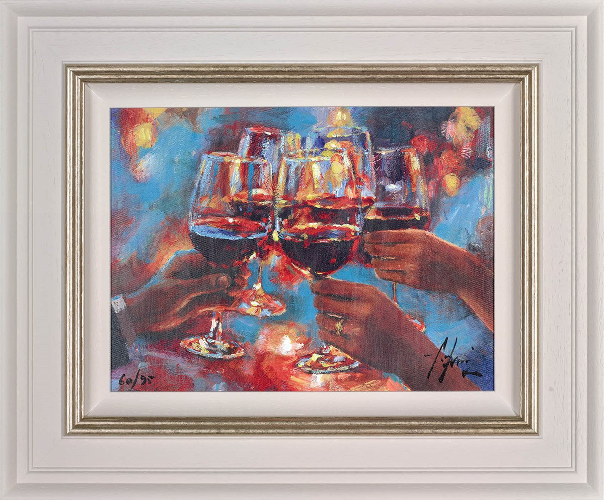 Wine and Blue Lights - Red Framed Limited Edition Canvas on Board by Fabian Perez