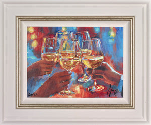 Wine and Blue Lights - White Framed Limited Edition Canvas on Board by Fabian Perez